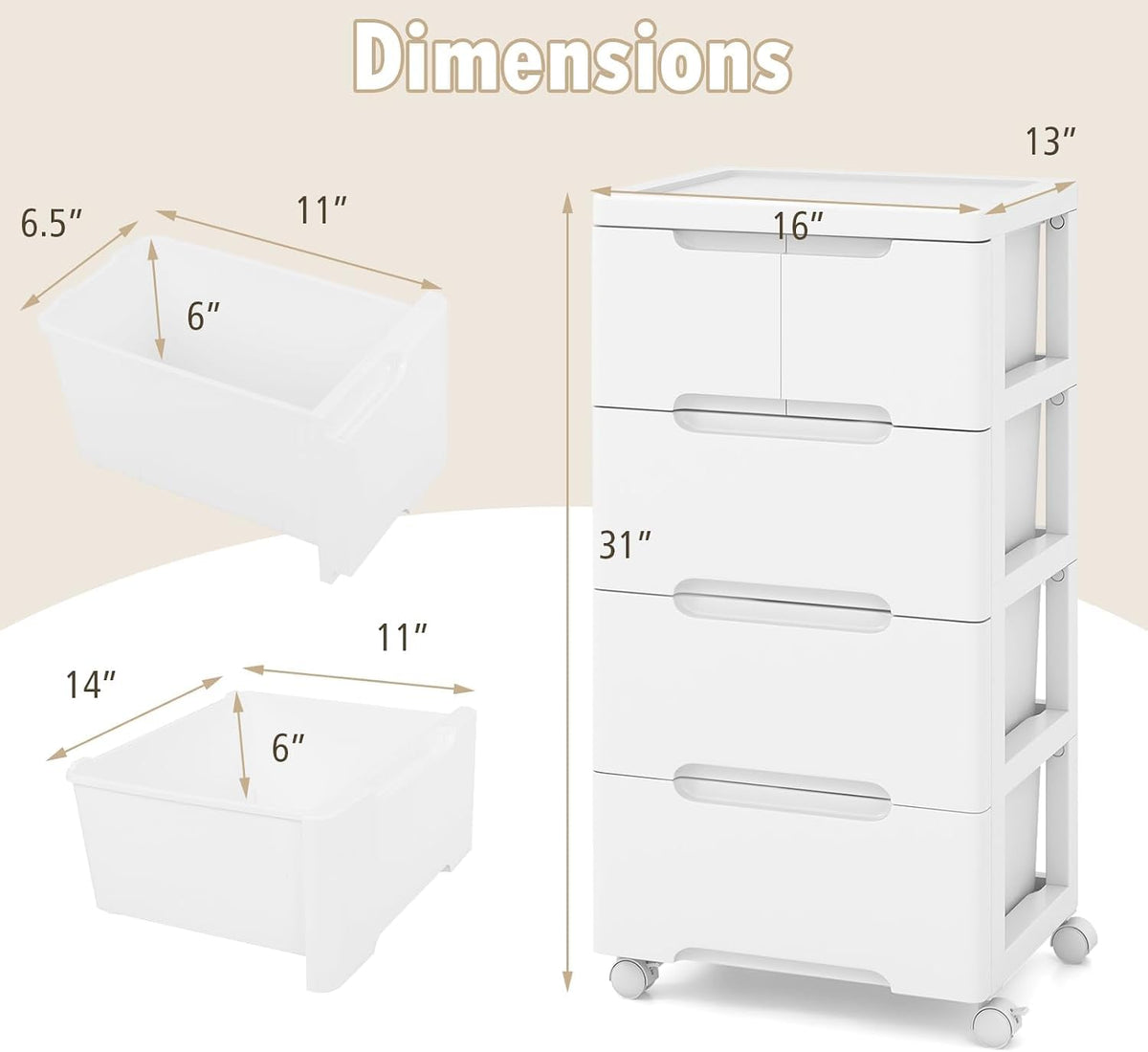 4-Tier Plastic Drawers with Wheels W599