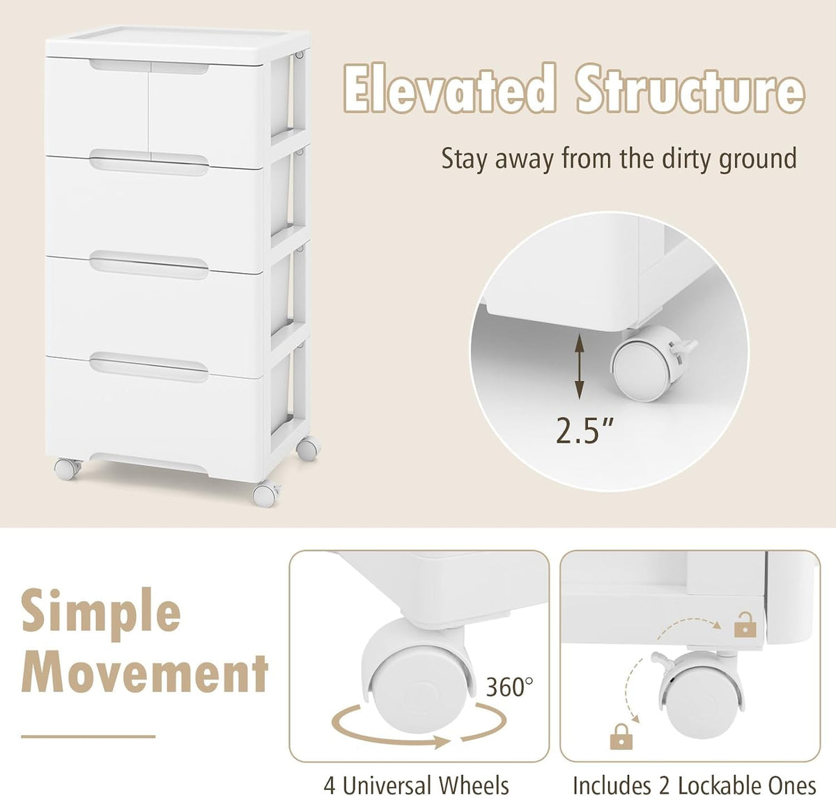 4-Tier Plastic Drawers with Wheels W599