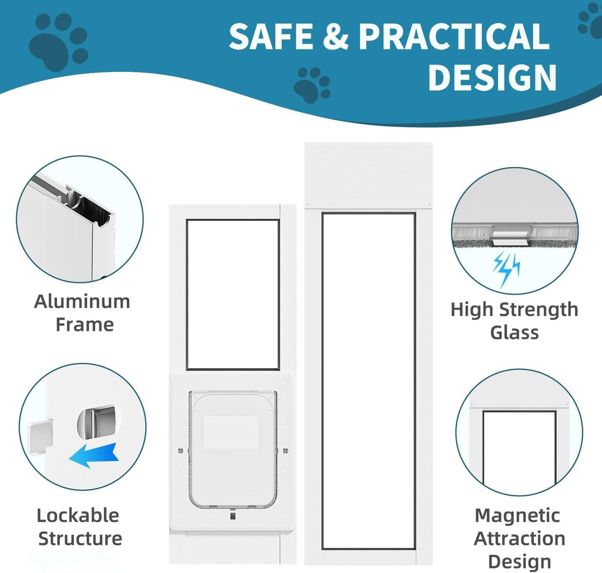 Dog Door for Sliding Glass Door, Magnetic Plastic Flap, Adjustable Height, No-Cut Insert with Lock, White T747808