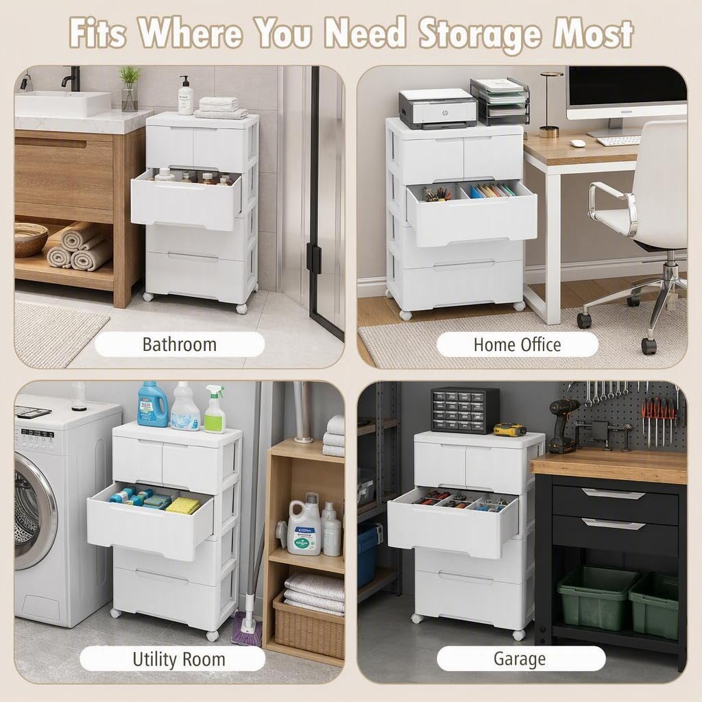 4-Tier Plastic Drawers with Wheels W599