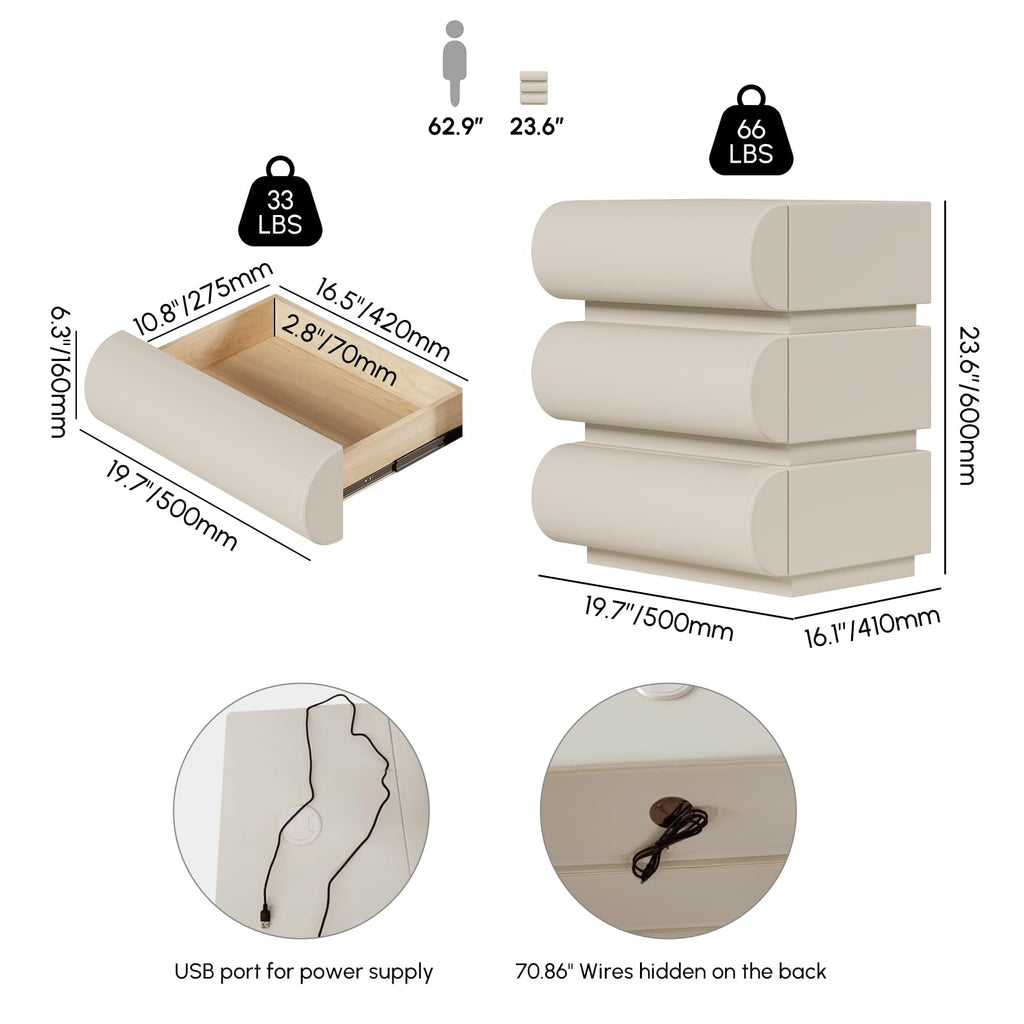 Off White Faux Leather 3 Drawer Nightstand Q54723