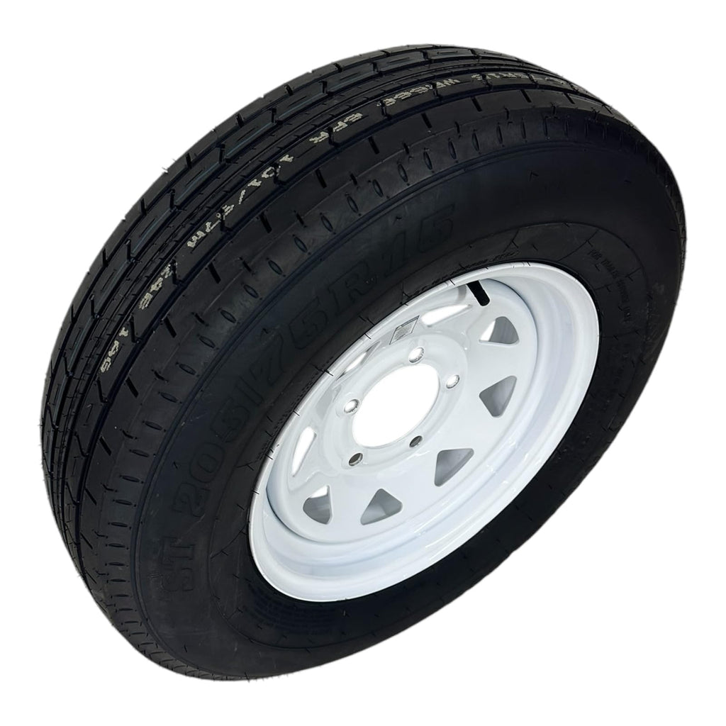 ST205/75R15 Trailer Tire on Rim Load Range C 6 Ply 5 Lug White Spoke Wheel R621