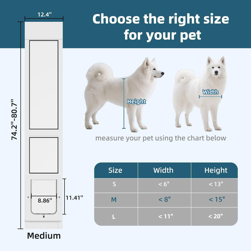 Dog Door for Sliding Glass Door, Magnetic Plastic Flap, Adjustable Height, No-Cut Insert with Lock, White T747808