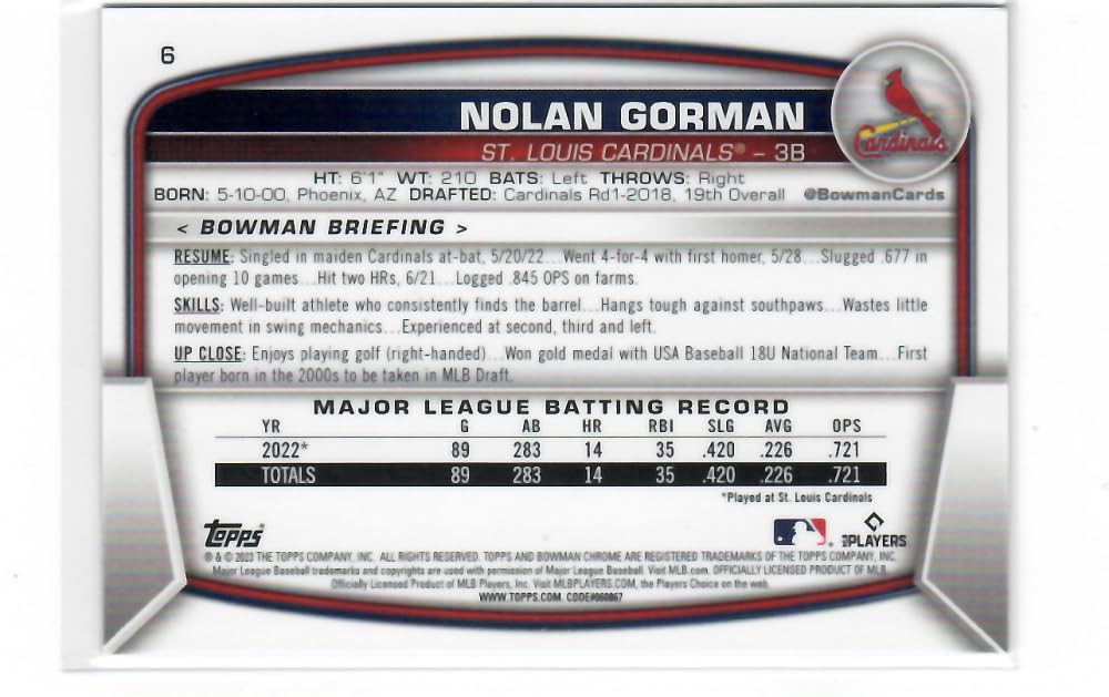 2023 Bowman Chrome Mega Box Mojo Refractor Blue #6 Nolan Gorman RC - Rookie Card /150 St. Louis Cardinals Baseball NM-MT C574