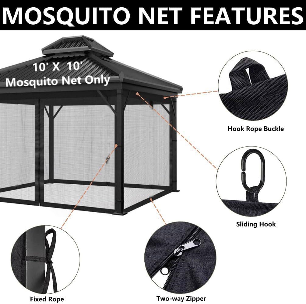 Mosquito Net 4-Panel Canopy Screen Wall with Zipper for 10 x 10' Gazebo Z4703