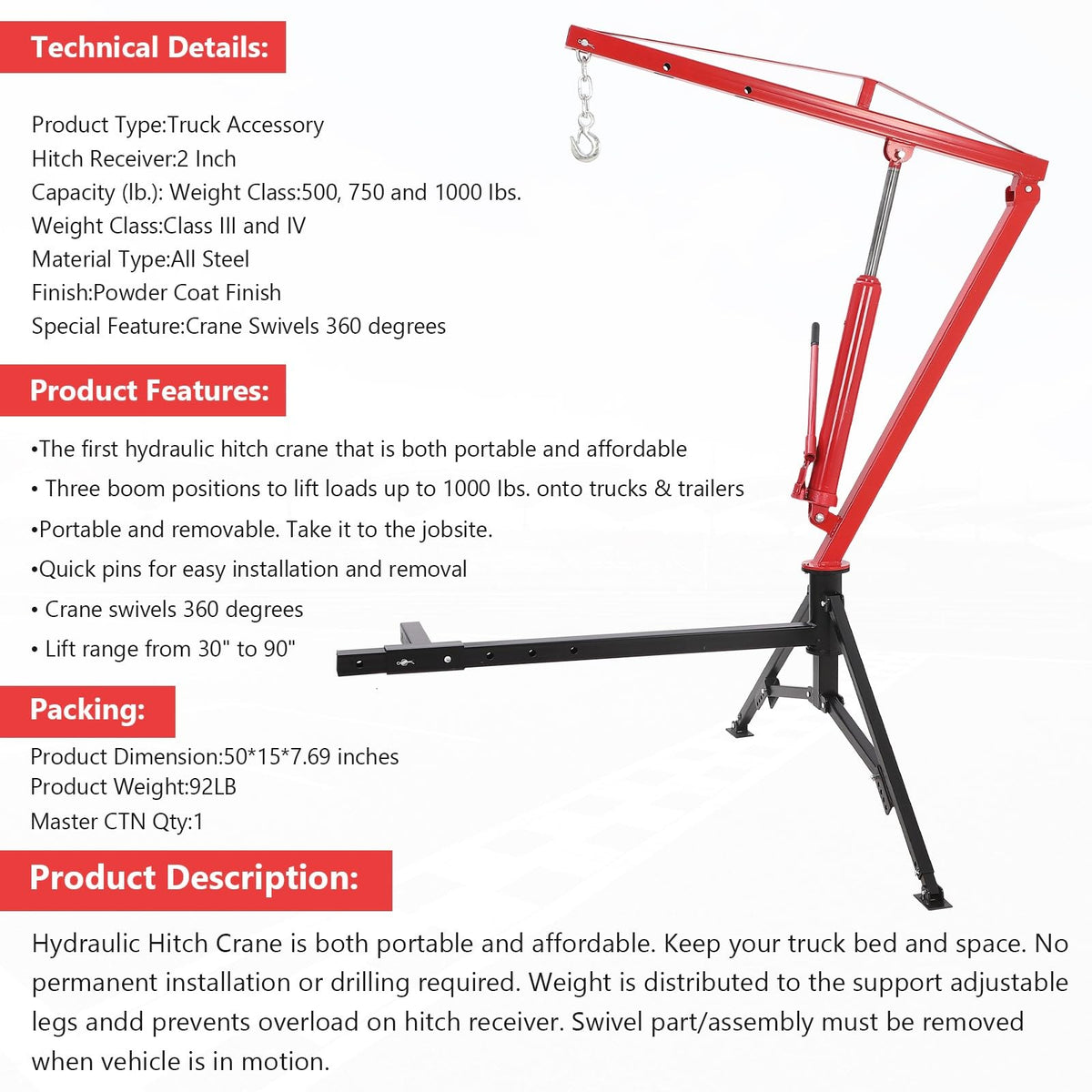 Hydraulic Pickup Truck Crane 360° Swivel 2-Inch Hitch Receiver 1000 Lbs H159578
