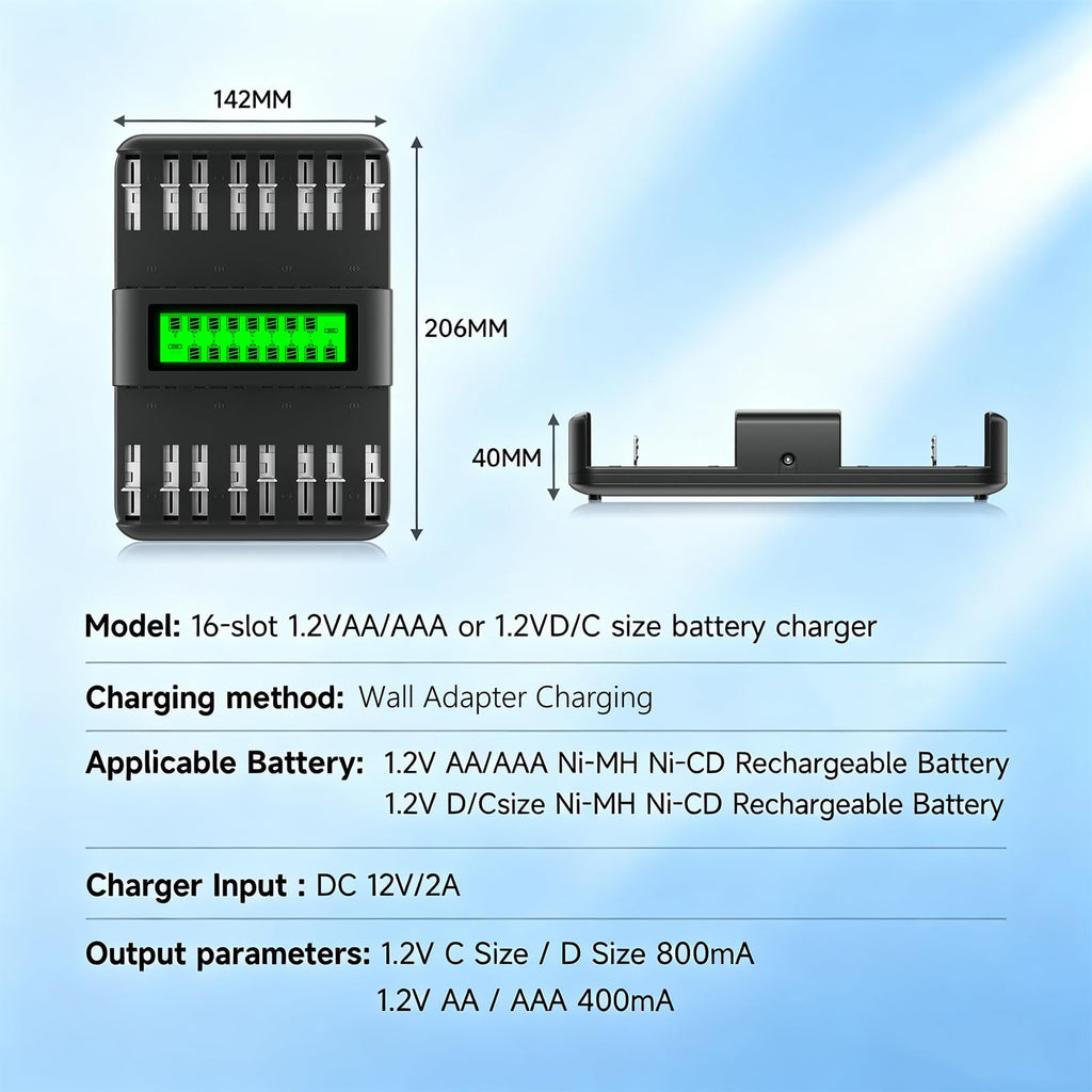 16 Bay AA AAA C D NiMH Battery Charger with LCD Display C1334