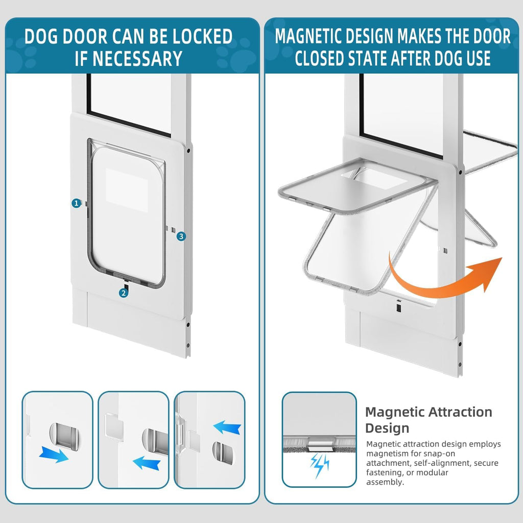 Dog Door for Sliding Glass Door, Magnetic Plastic Flap, Adjustable Height, No-Cut Insert with Lock, White T747808