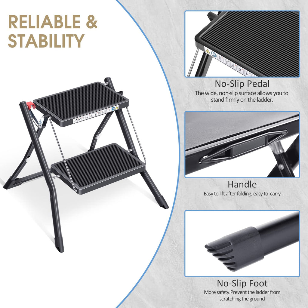 Folding Step Ladder, 2 Step Step Stool with Handle, Black T903346