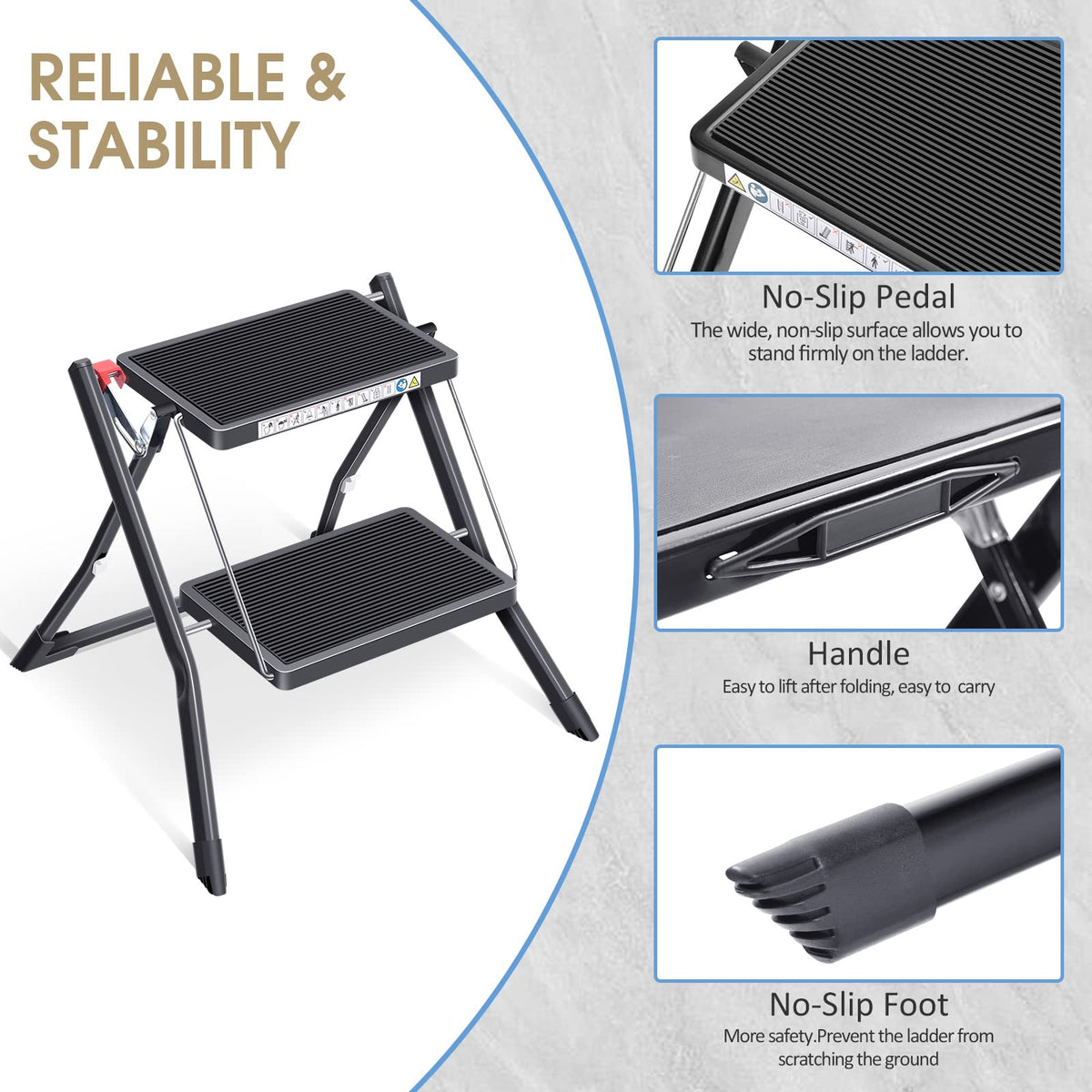 Folding Step Ladder, 2 Step Step Stool with Handle, Black T903346