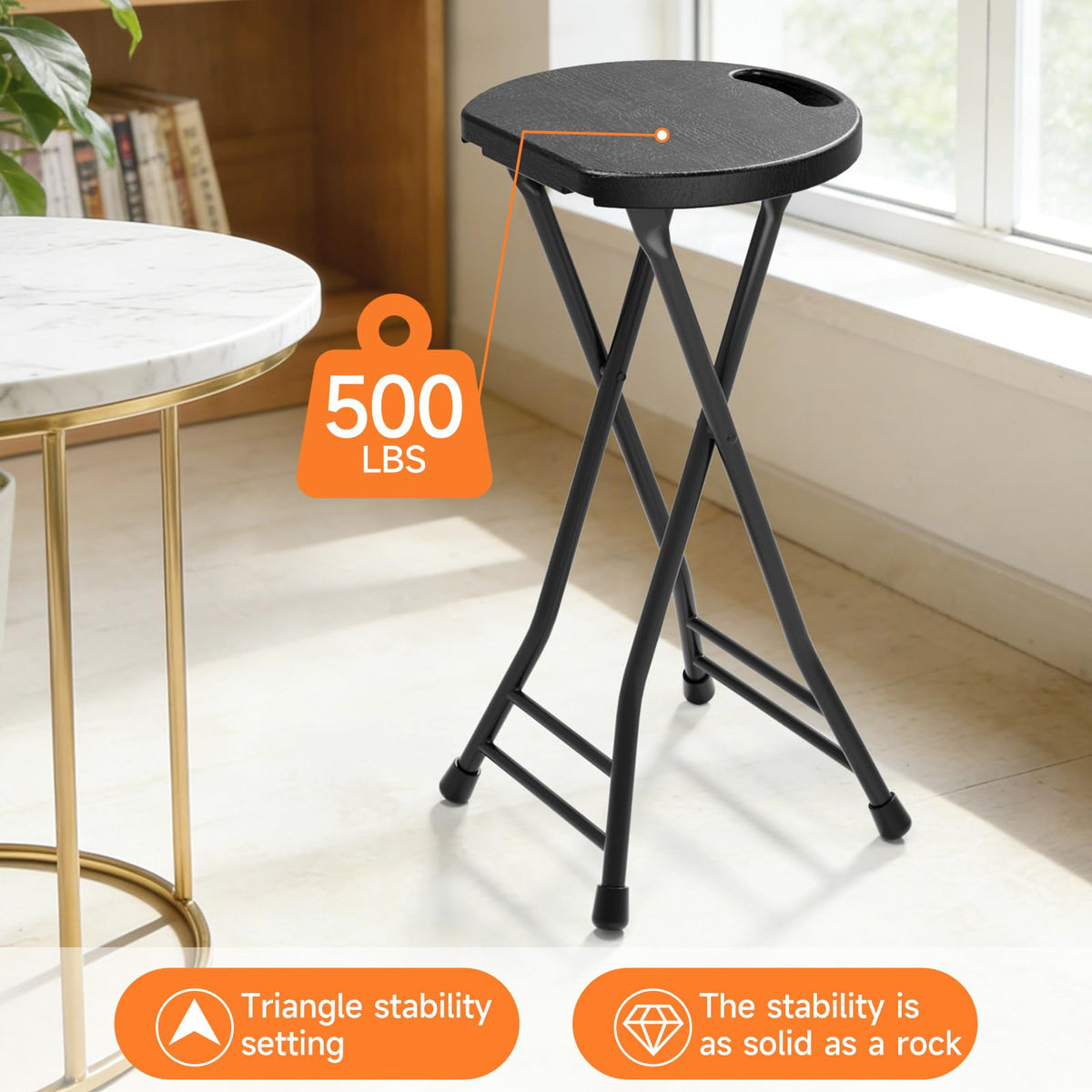 24 Inch Folding Stool 500LBS Capacity Portable Collapsible Stool Black G5137