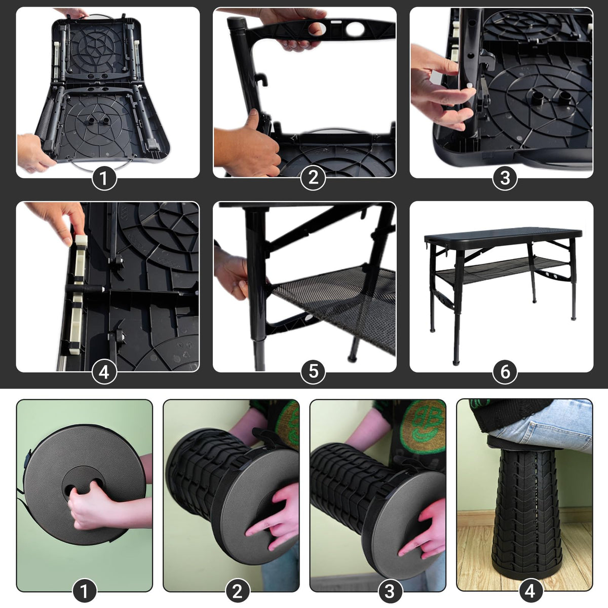 Black 4 Foot Folding Table and Stool S926723