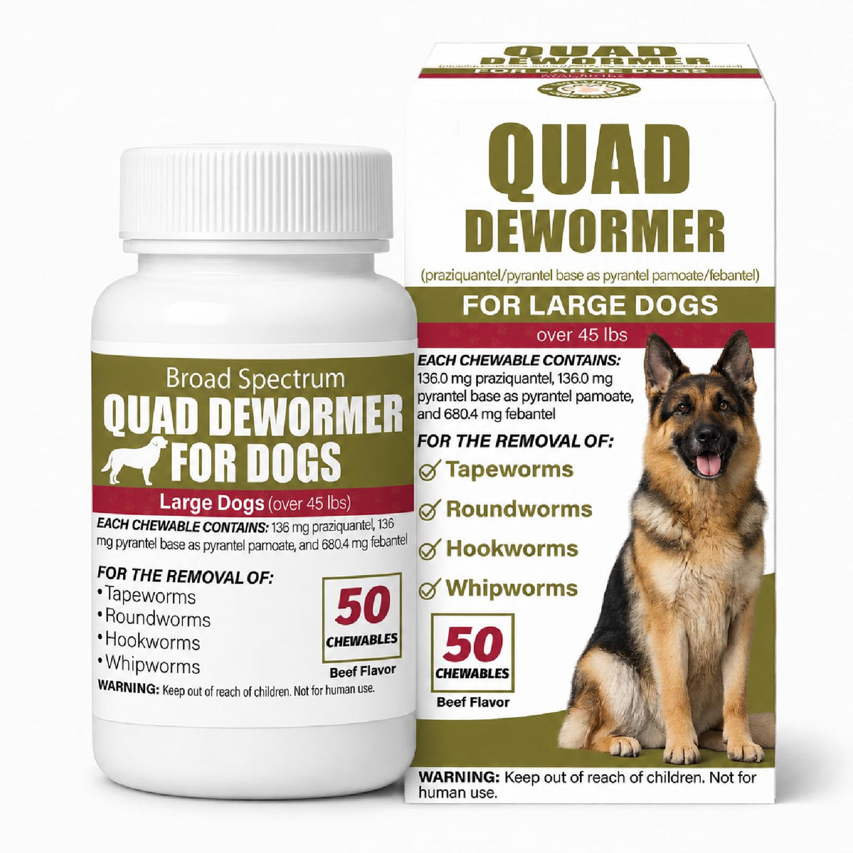 Chewable Dewormer for Dogs Over 45 lbs, 50 Beef Flavored Chewables E475