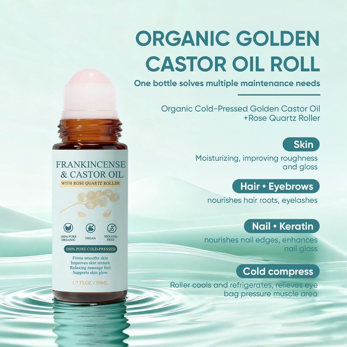 Cold-Pressed Castor Oil Roll On with Rose Quartz Stone 1.7 fl oz H2228