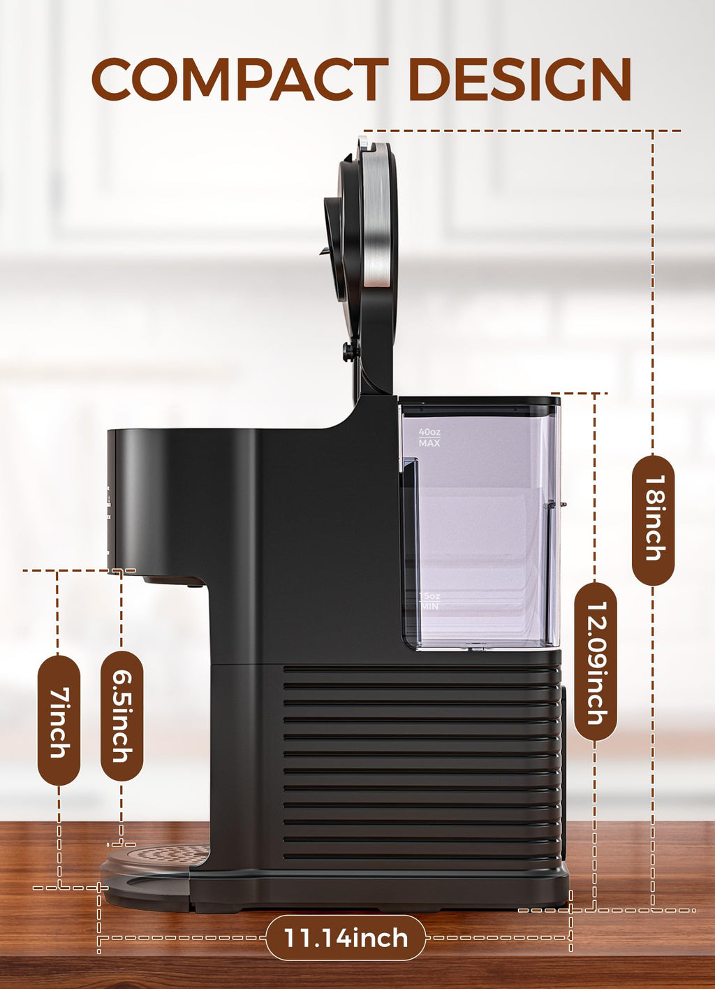 Single Serve Coffee Maker with 40 Oz Water Tank, 5 Brew Sizes, Black P968070