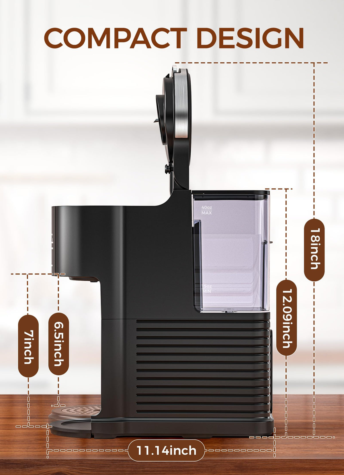 Single Serve Coffee Maker with 40 Oz Water Tank, 5 Brew Sizes, Black P968070