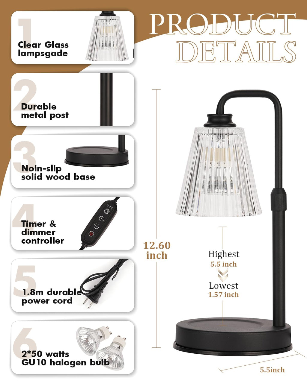 Black Dimmable Candle Warmer Lamp with Timer A728