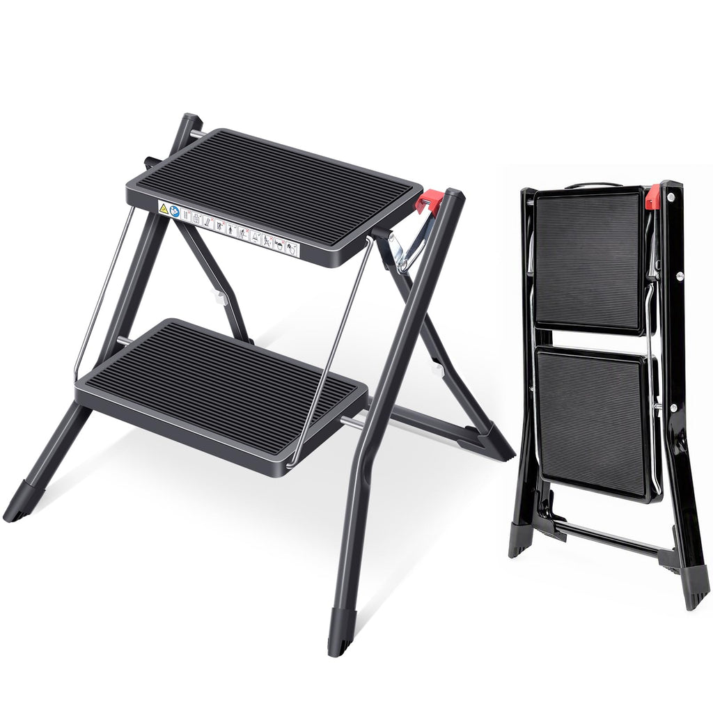 Folding Step Ladder, 2 Step Step Stool with Handle, Black T903346