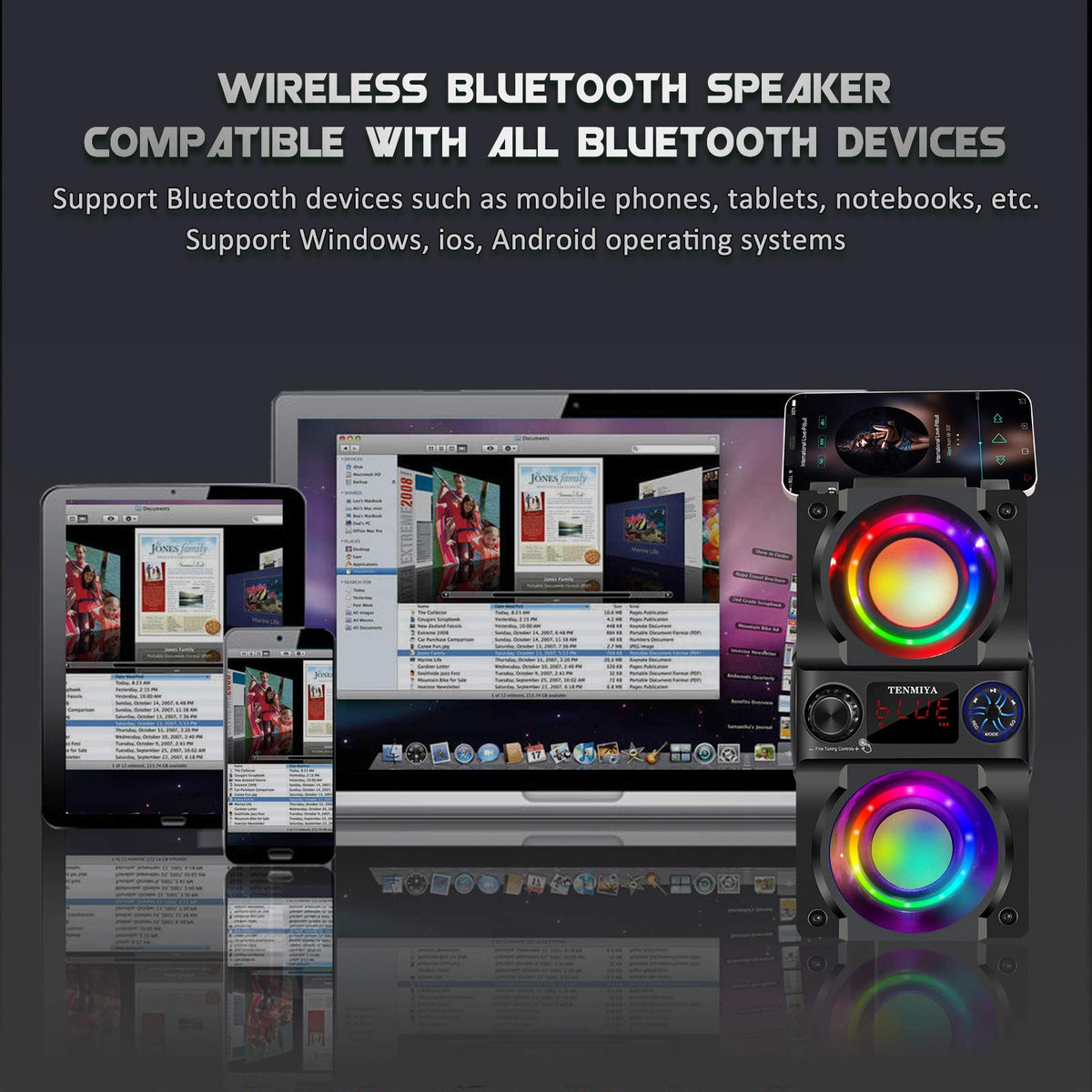 40W Portable Bluetooth Speaker with Lights and FM Radio A1450