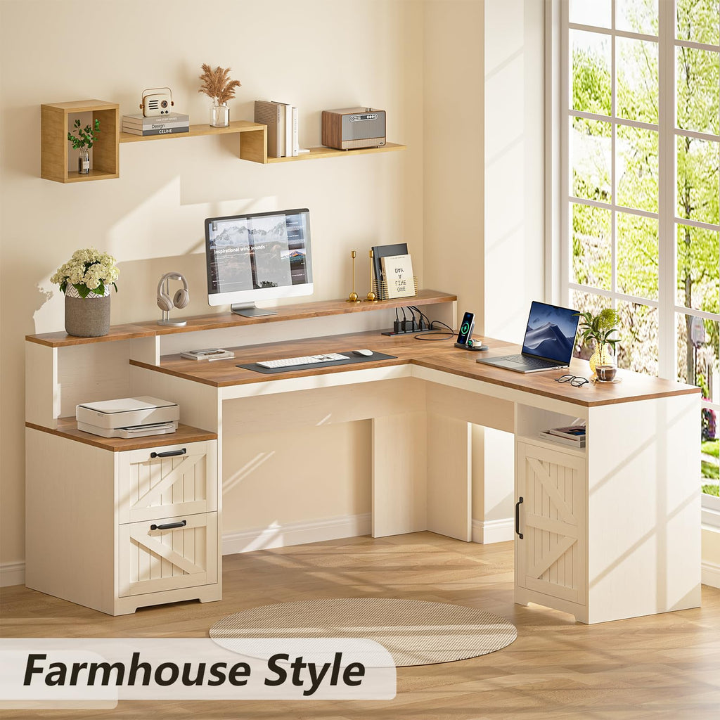 63" L Shaped Desk with Drawers & Printer Shelf G7575