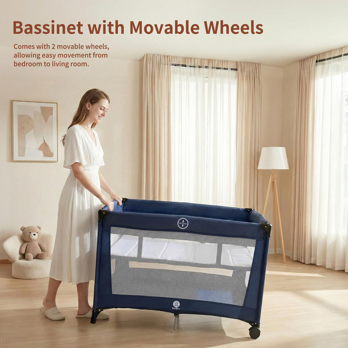 Portable Baby Bassinet with Wheels, Blue I6256