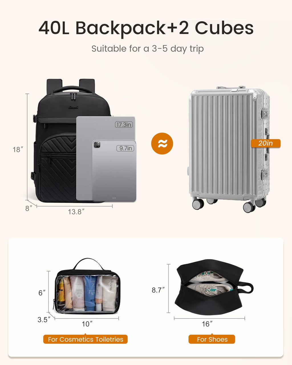 40L Waterproof Travel Backpack with 2 Cubes S825111
