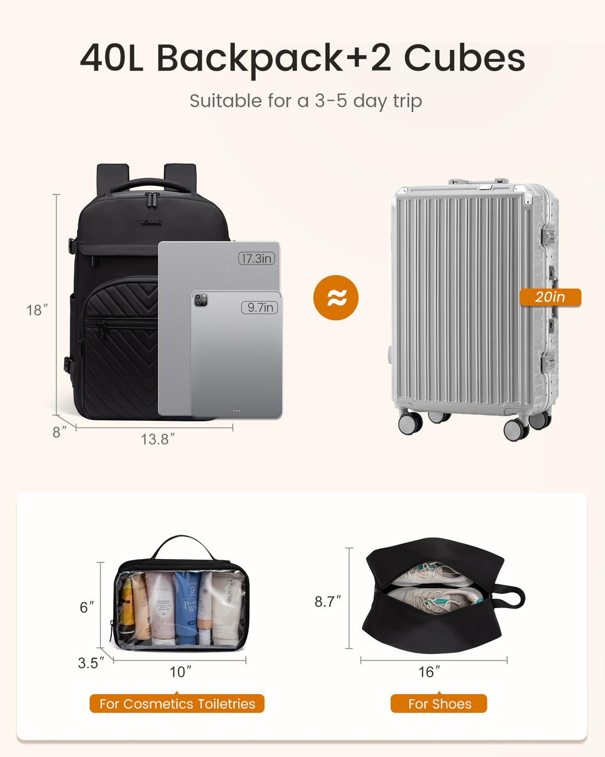 40L Waterproof Travel Backpack with 2 Cubes S825111