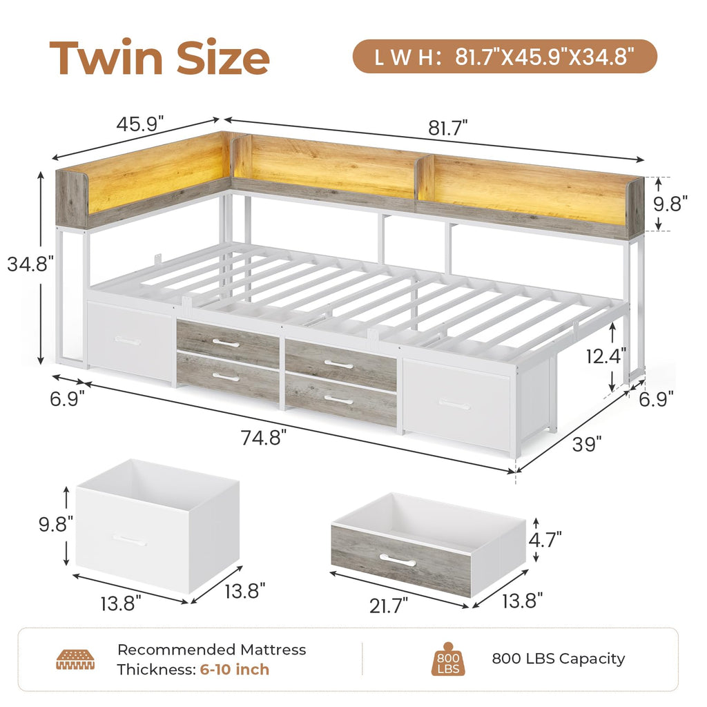 Twin Corner Bed Frame with Storage Bookcase and 6 Drawers H40033