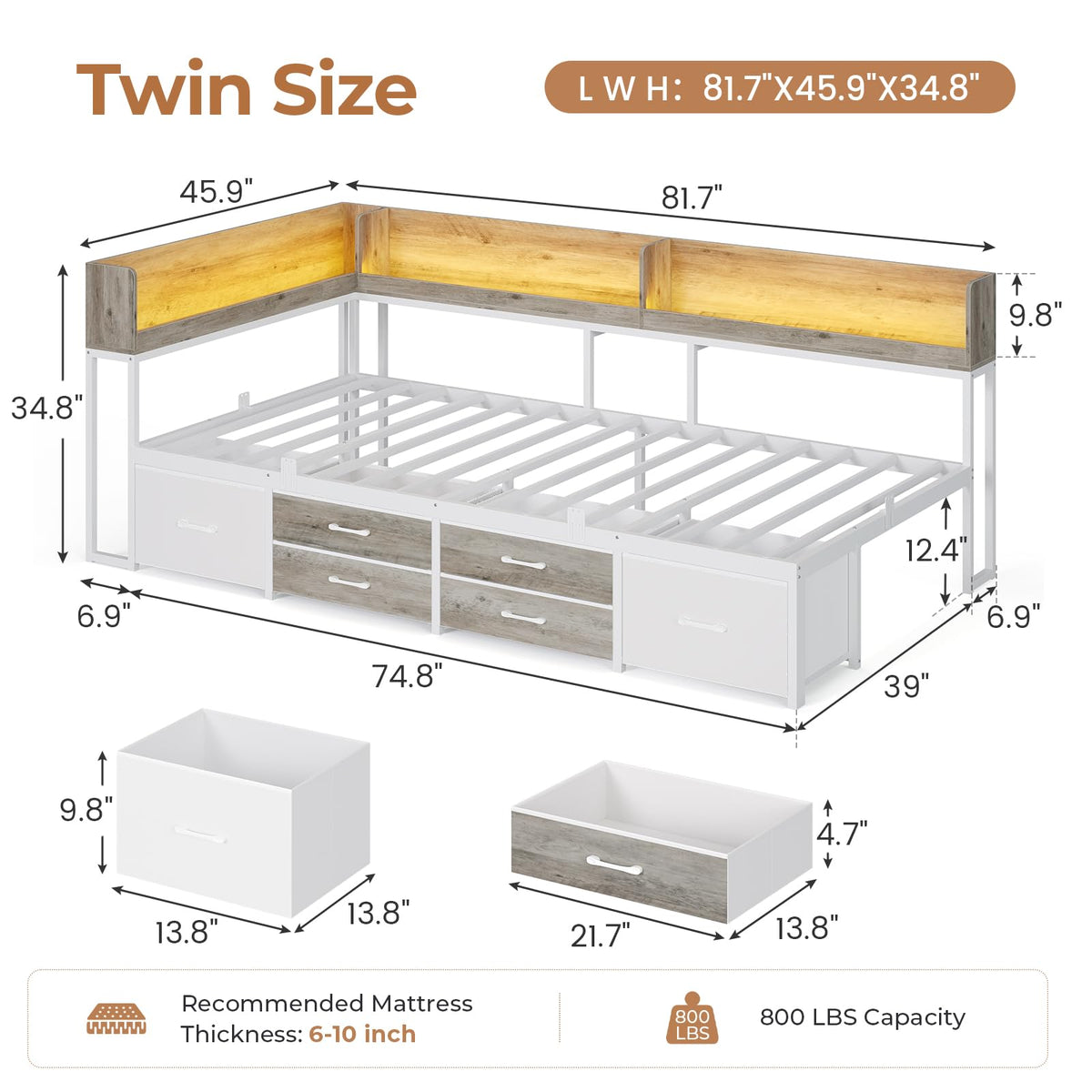 Twin Corner Bed Frame with Storage Bookcase and 6 Drawers H40033