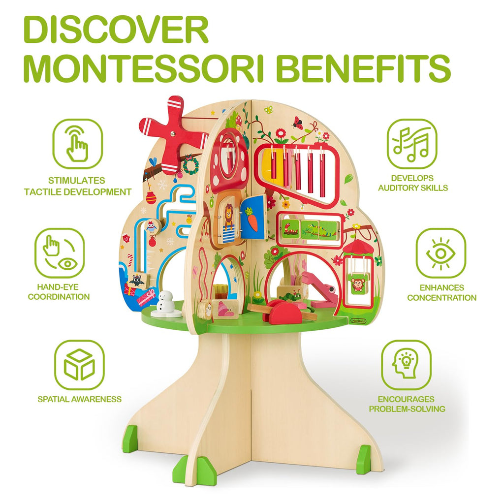 Montessori Wooden Tree Activity Center, Sensory Table & Busy Board R2521