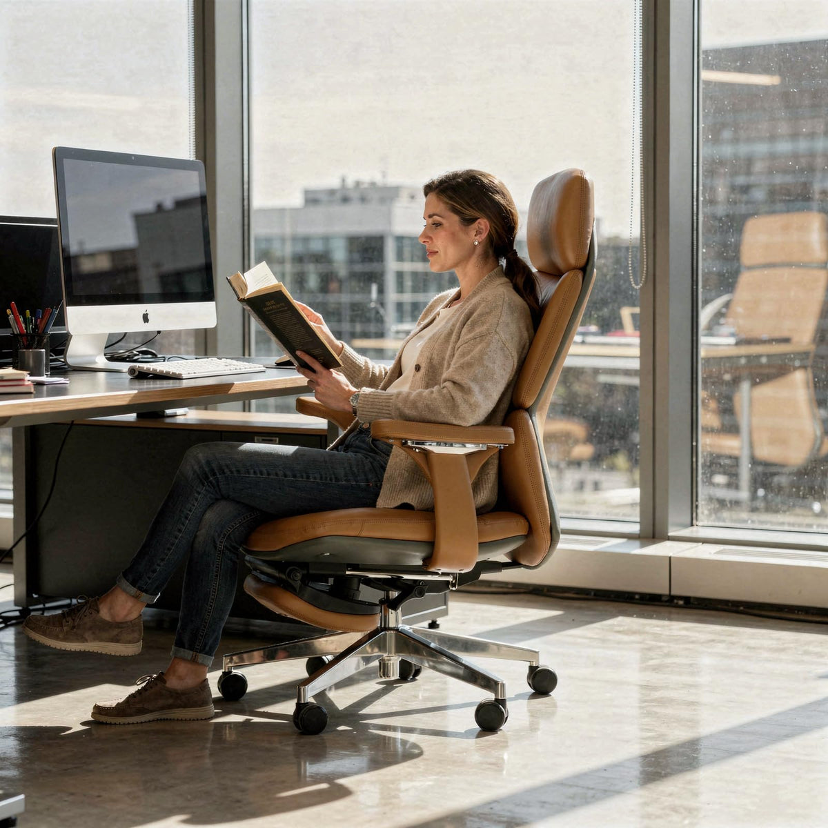 Ergonomic Genuine Leather Office Chair with Footrest O84566