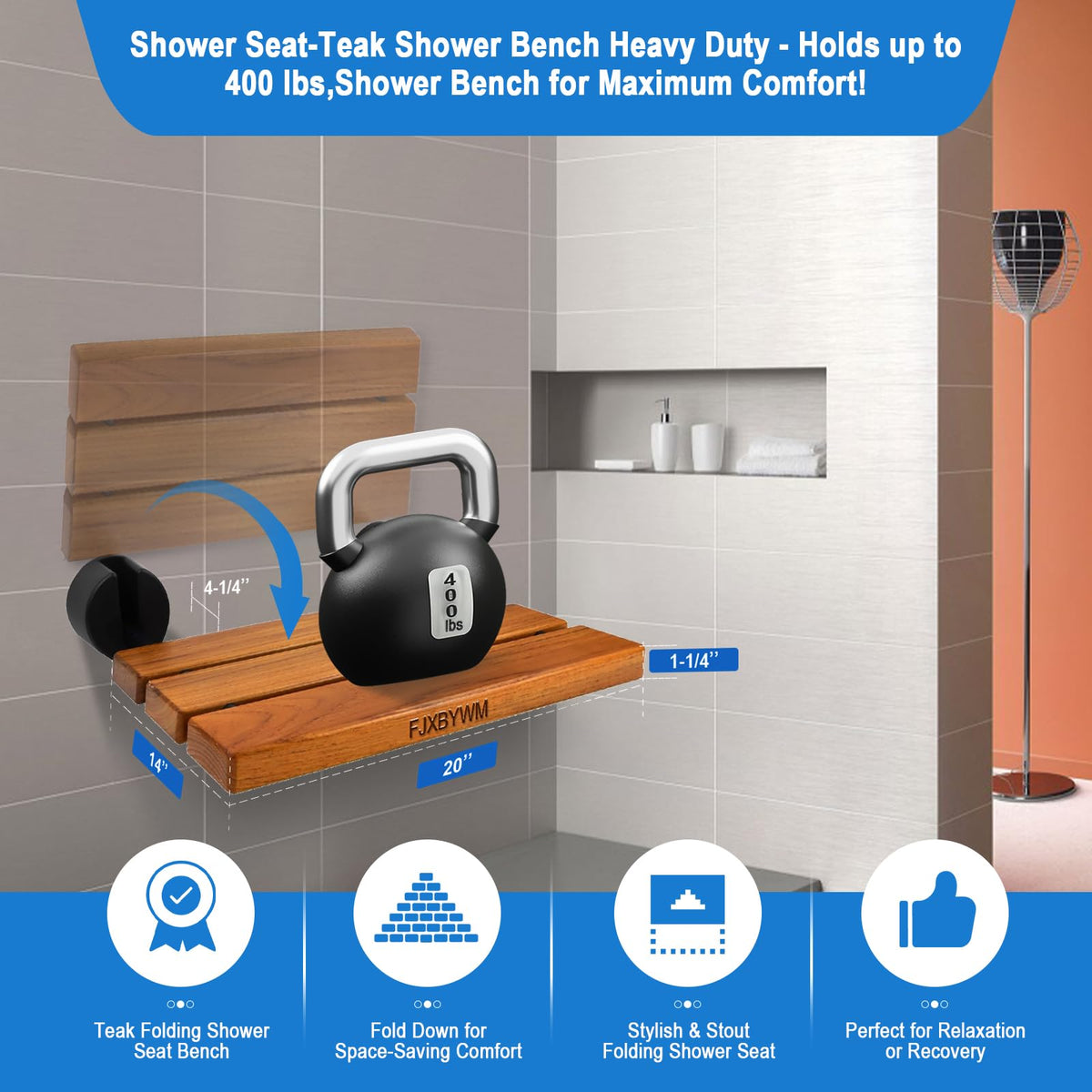 20" Teak Wall Mounted Fold Down Shower Seat 400 lbs Capacity H231819