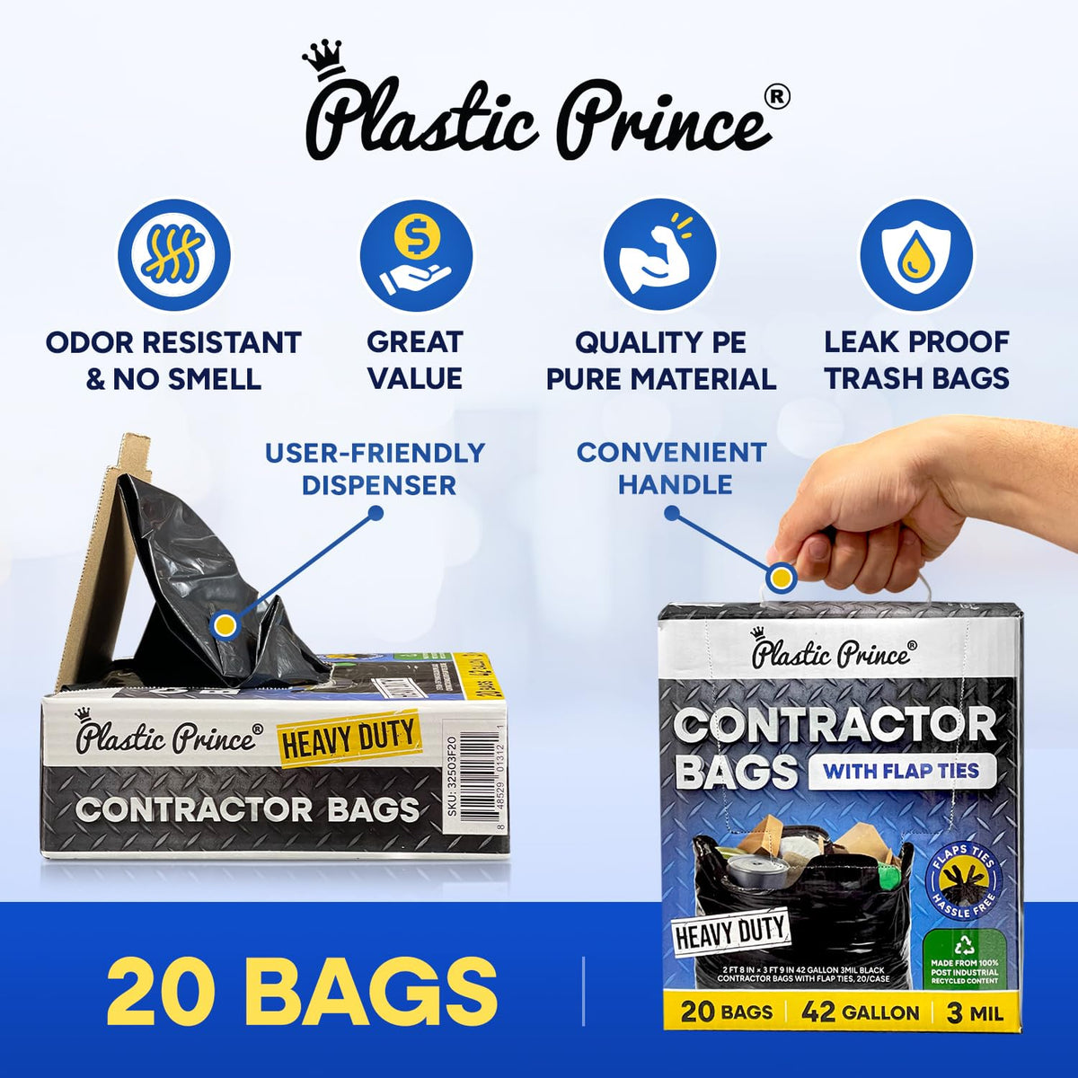Black 42 Gallon 3 Mil Plastic Contractor Bags Pack of 20 A465