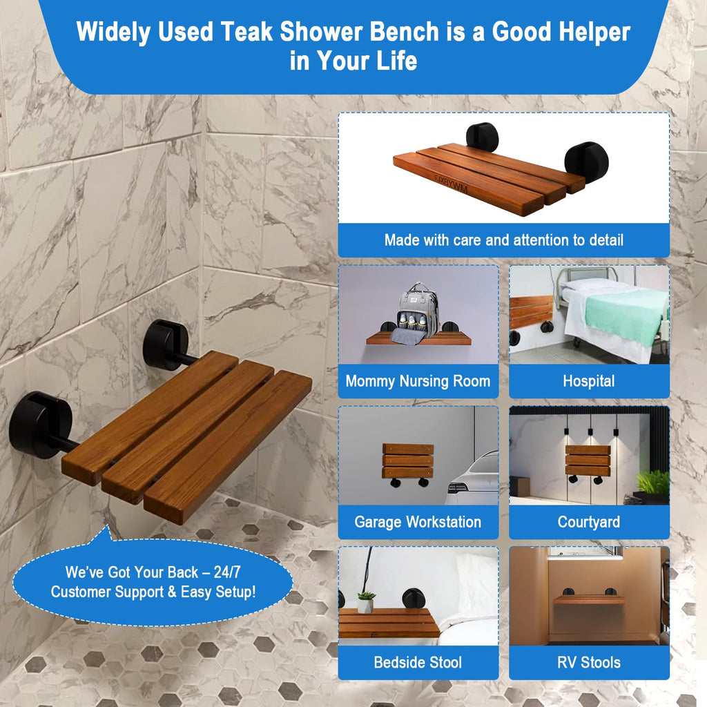 20" Teak Wall Mounted Fold Down Shower Seat 400 lbs Capacity H231819