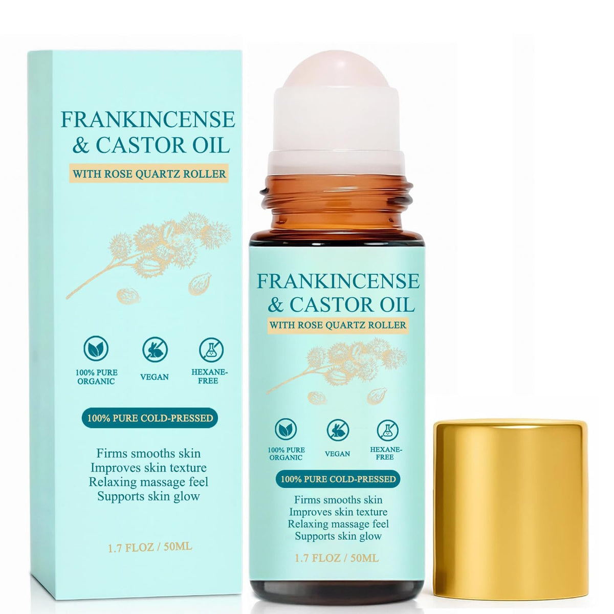 Cold-Pressed Castor Oil Roll On with Rose Quartz Stone 1.7 fl oz H2228