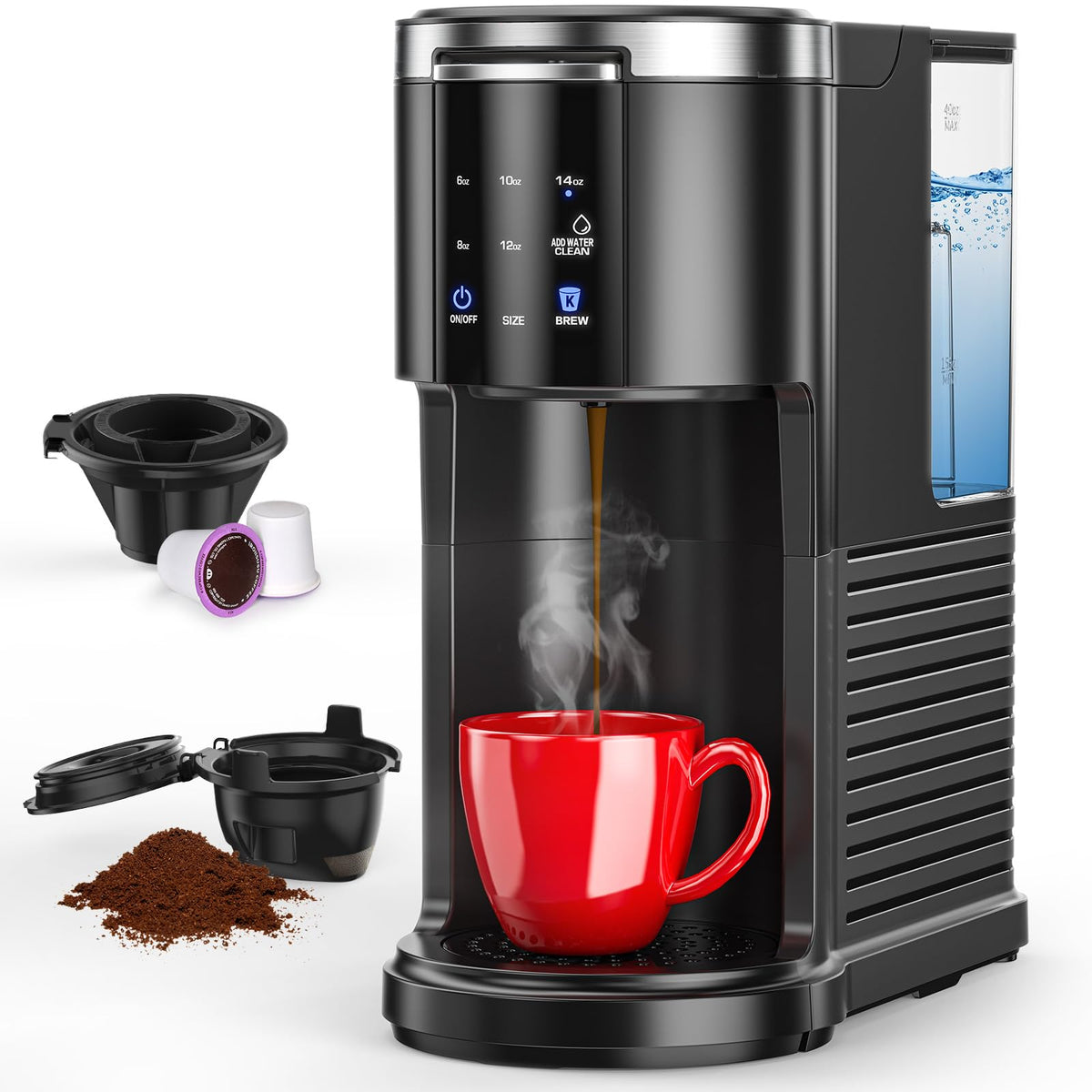 Single Serve Coffee Maker with 40 Oz Water Tank, 5 Brew Sizes, Black P968070