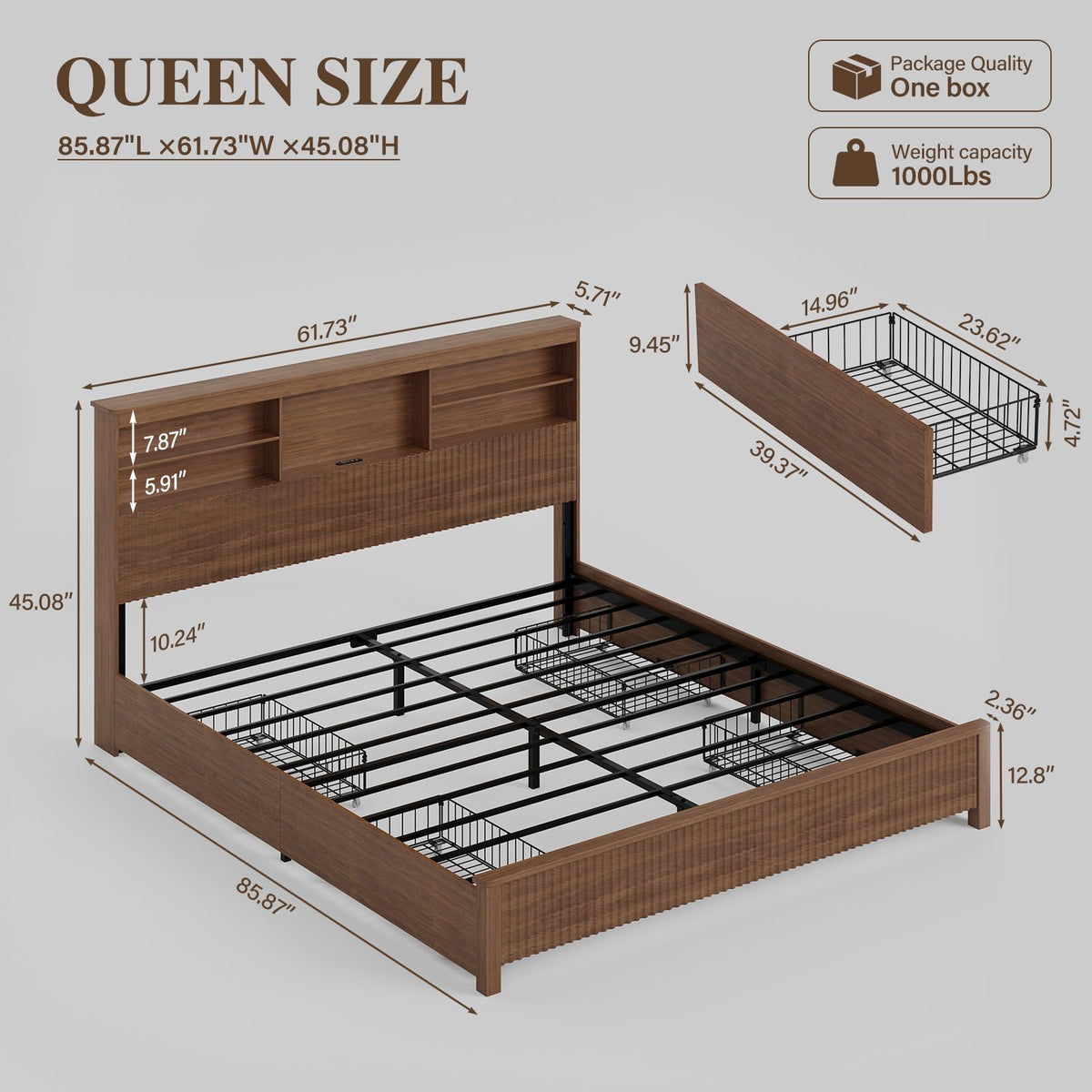 Queen Size Bed Frame with 4 Storage Drawers Z5315