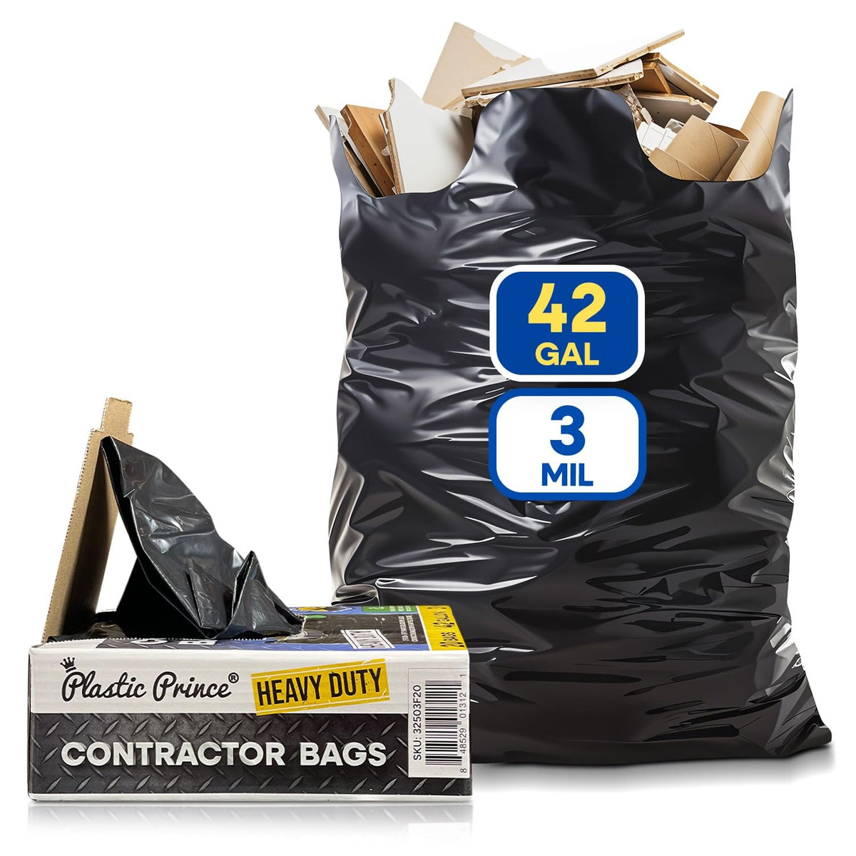 Black 42 Gallon 3 Mil Plastic Contractor Bags Pack of 20 A465