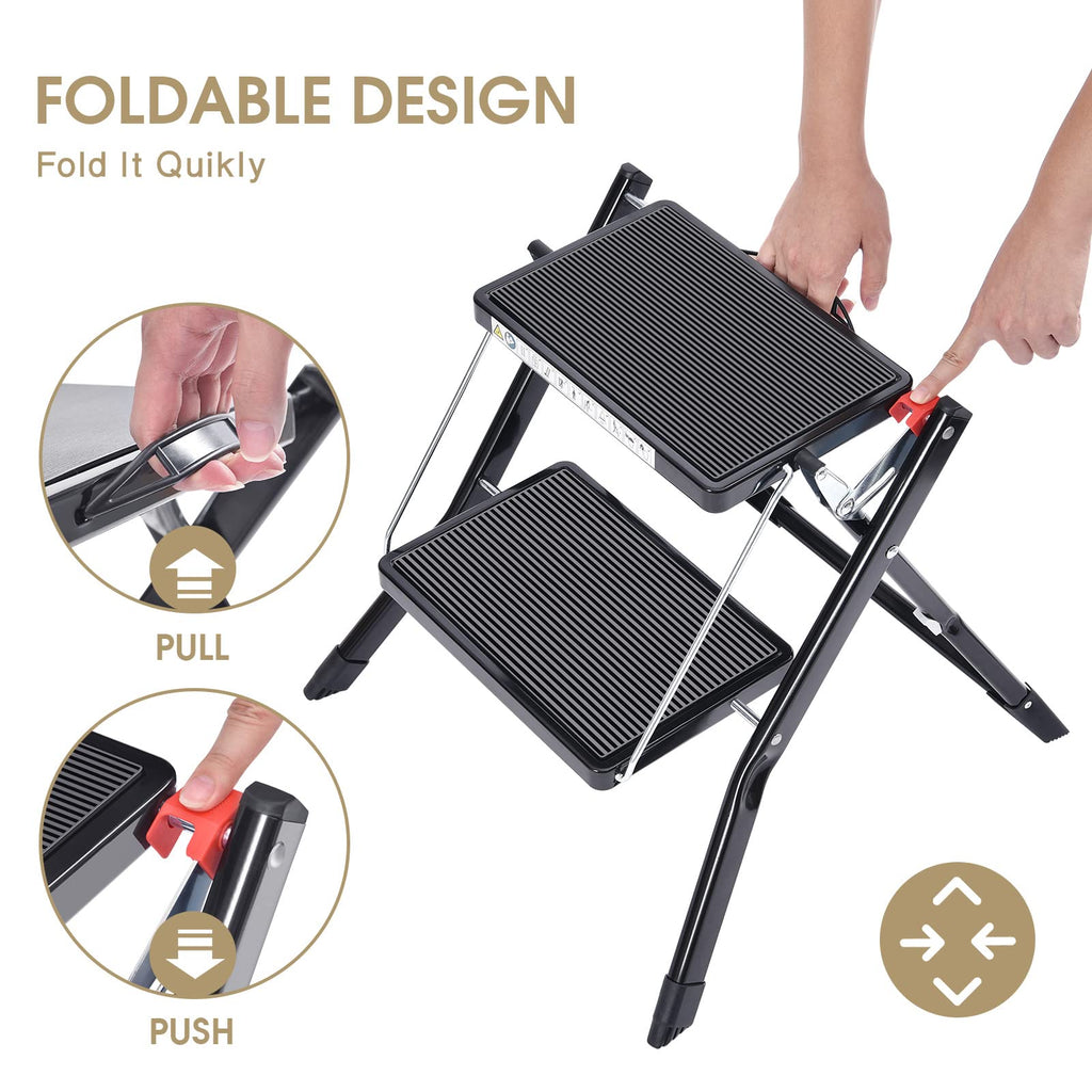 Folding Step Ladder, 2 Step Step Stool with Handle, Black T903346