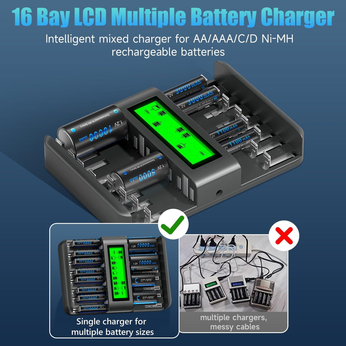 16 Bay AA AAA C D NiMH Battery Charger with LCD Display C1334