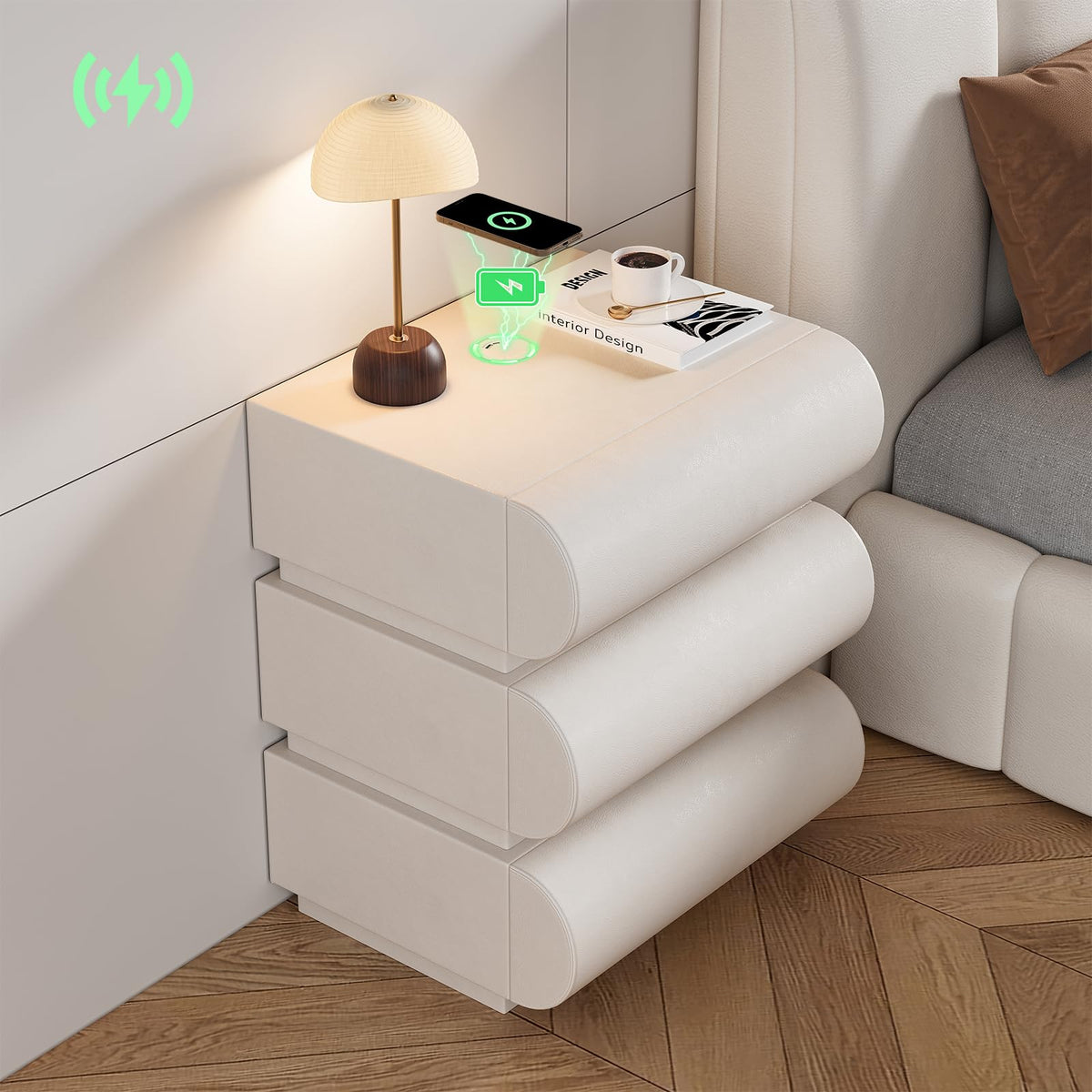 Off White Faux Leather 3 Drawer Nightstand Q54723