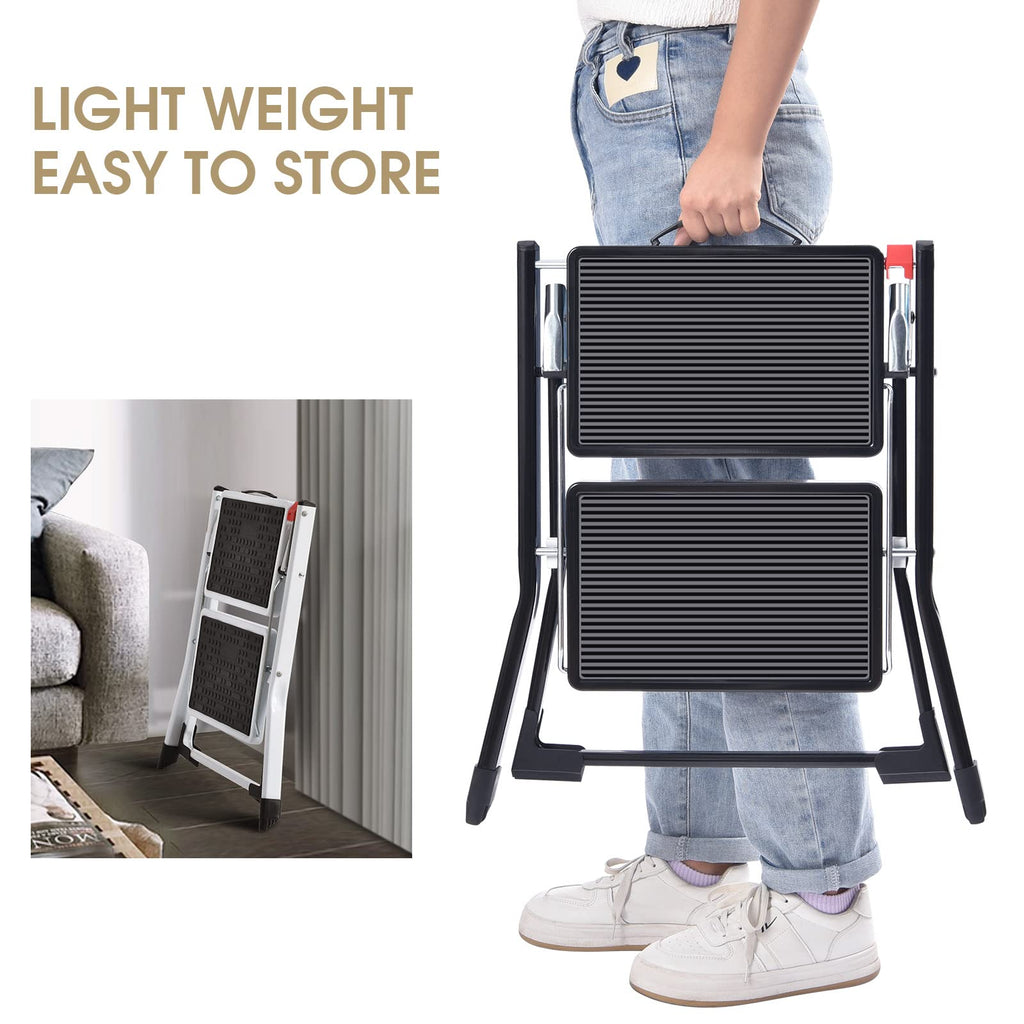 Folding Step Ladder, 2 Step Step Stool with Handle, Black T903346