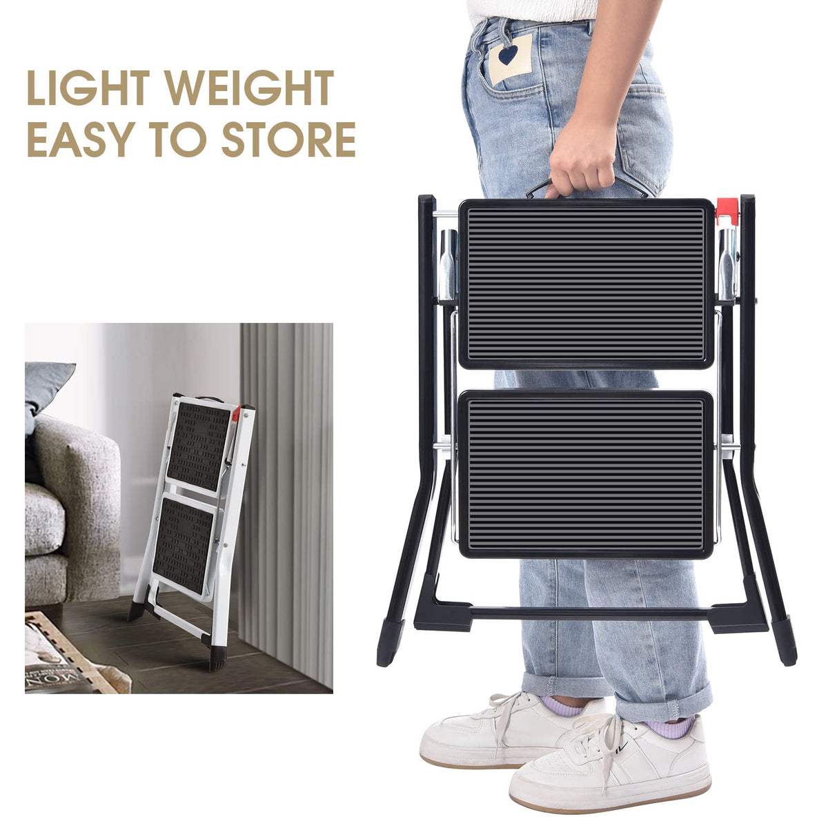 Folding Step Ladder, 2 Step Step Stool with Handle, Black T903346