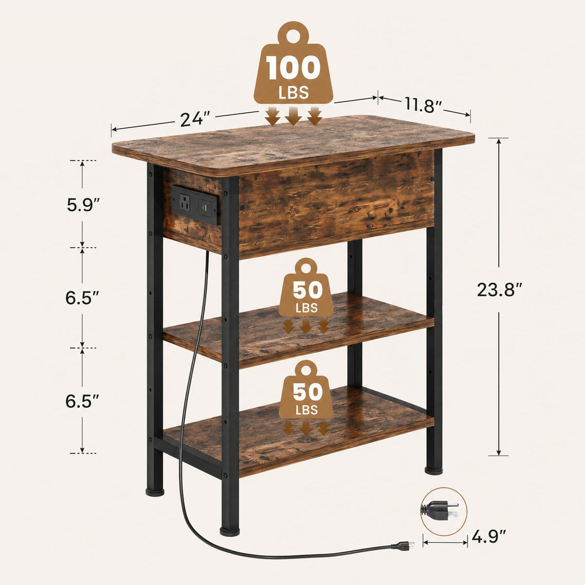 Brown Flip Top End Table with Charging Station and 3 Tier Storage D9529