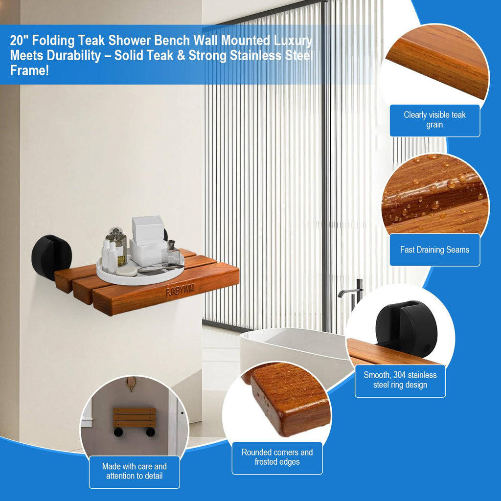 20" Teak Wall Mounted Fold Down Shower Seat 400 lbs Capacity H231819