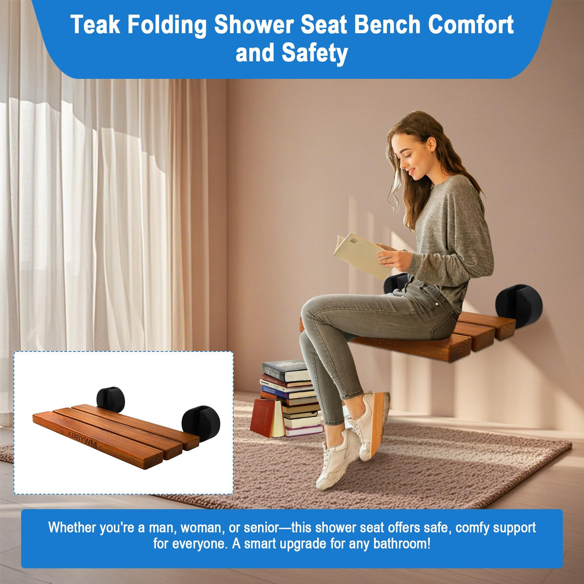 20" Teak Wall Mounted Fold Down Shower Seat 400 lbs Capacity H231819