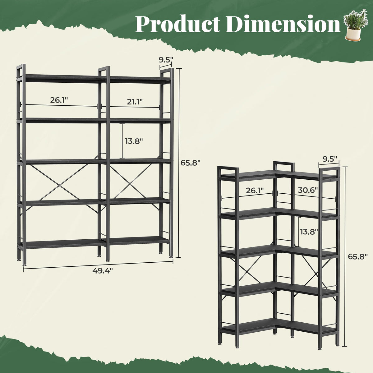 5 Tier L Shaped Corner Bookshelf with 10 Open Shelves Z9972