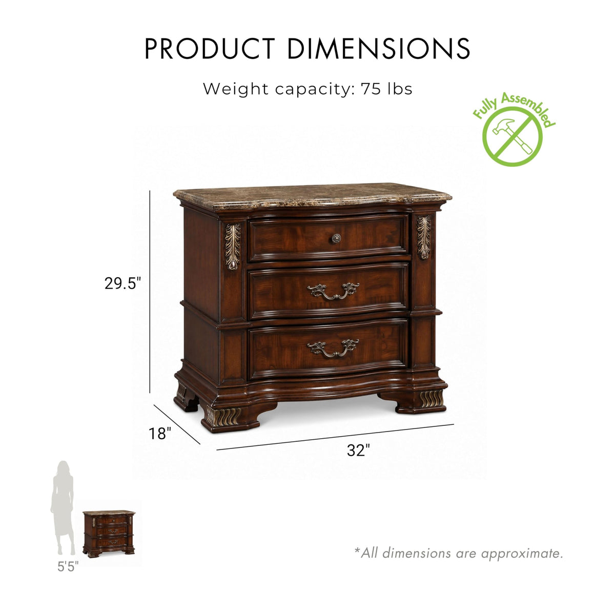 Wood 3-Piece California King Bedroom Set with Marble Top Nightstand Z390220