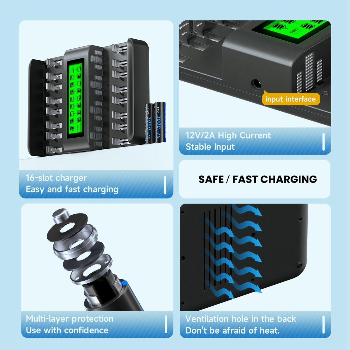 16 Bay AA AAA C D NiMH Battery Charger with LCD Display C1334