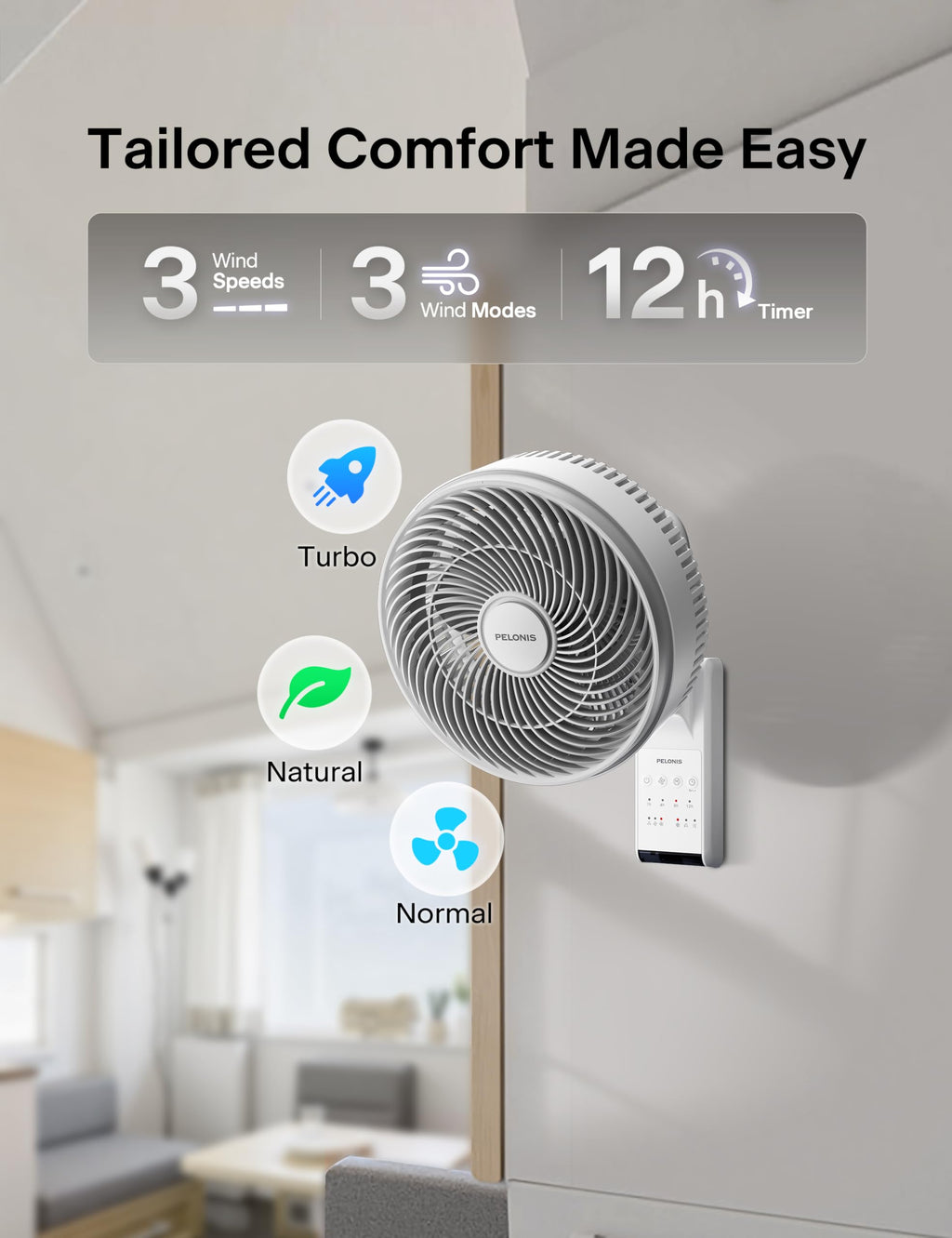 12 inch Indoor Oscillating Wall Mount Fan with Remote, White K88353